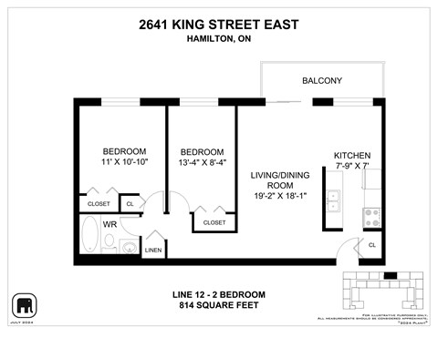 Floor plan for 2 beds, 1 bath, 814 sqft